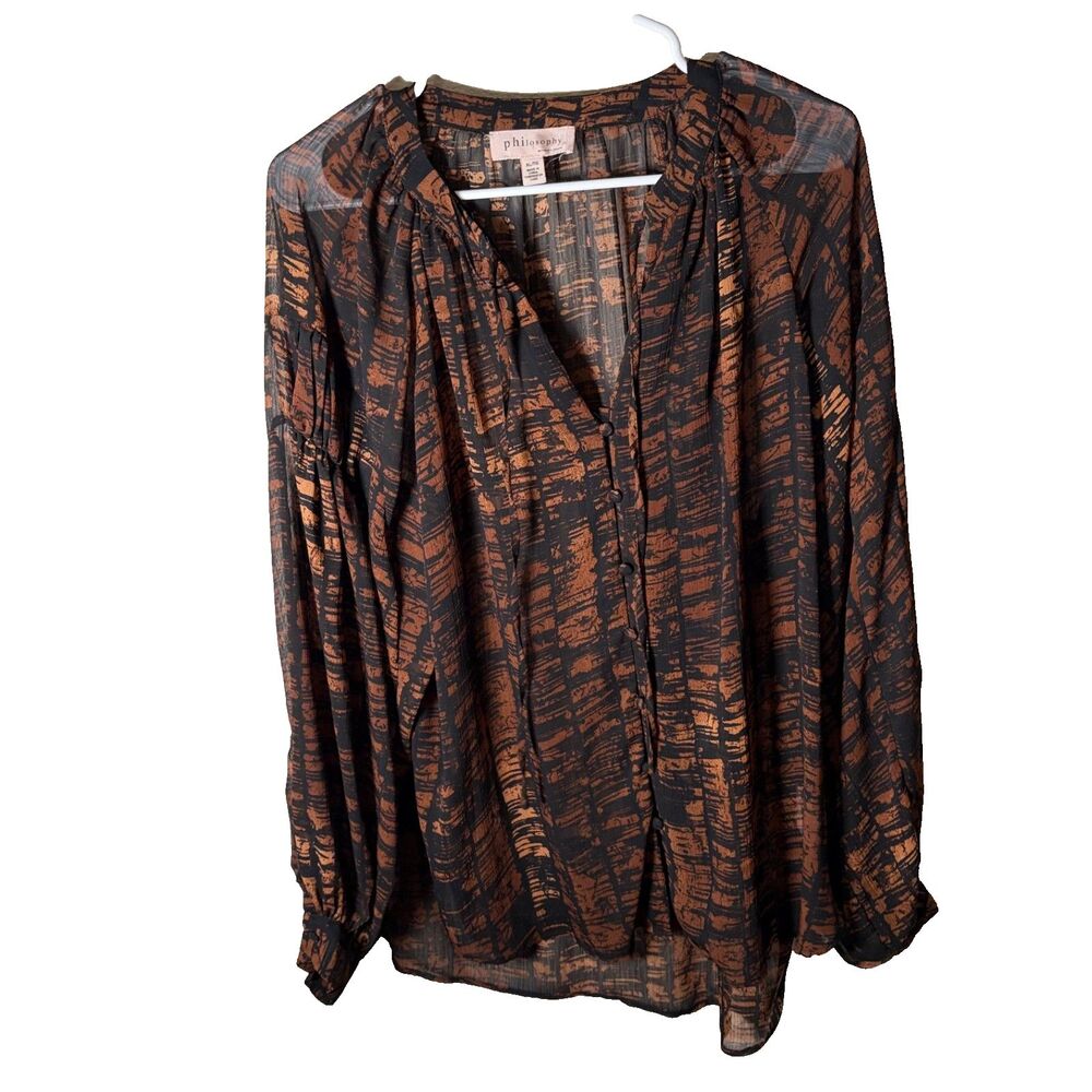 Philosophy Blouse Women's XL V-Neck Long Sleeve Sheer Printed Button Up Top